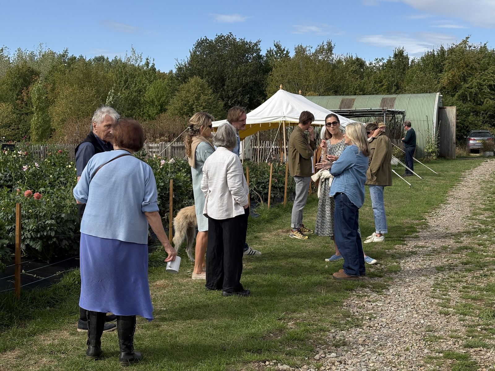 Group members chatting during the coffee morning meet-up at Chippy Flower Farm